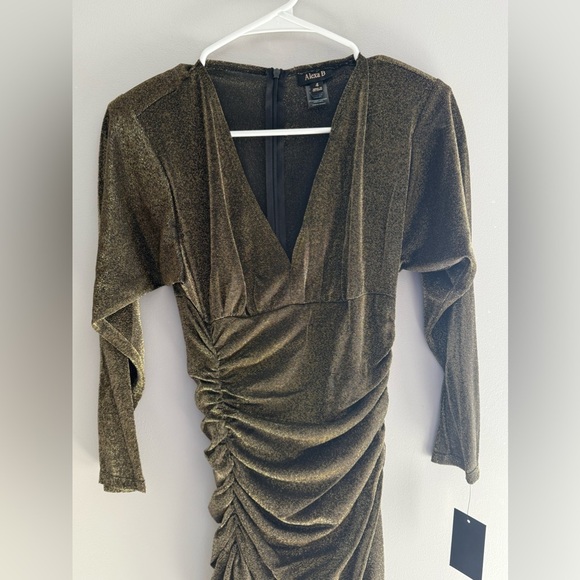 Alexa B Womens Gold Mesh Ruched Asymmetrical Maxi V Neck New Dress 4 Glam Party - Picture 2 of 10
